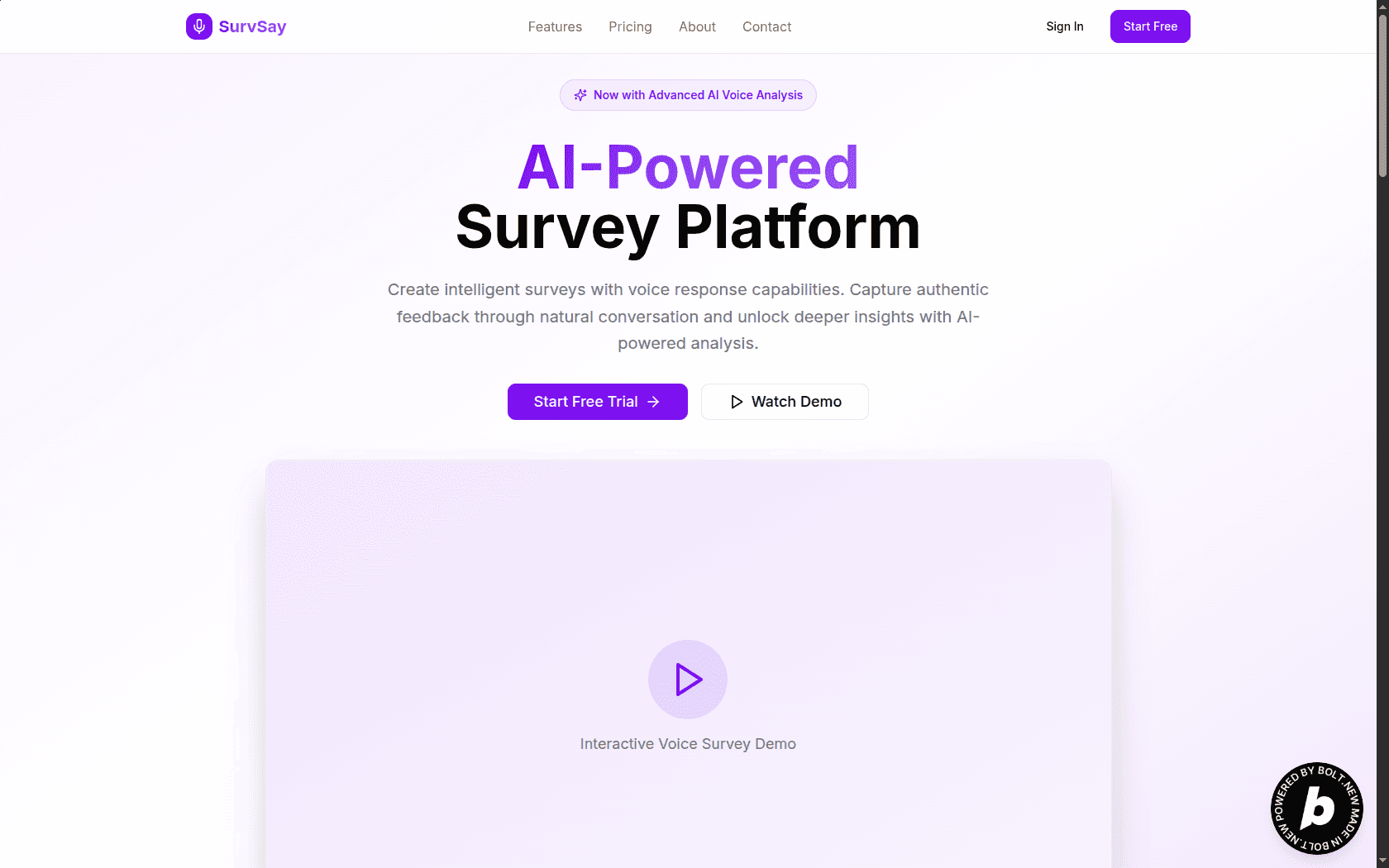 SurvSay Website - Full-Stack project by Wisdom Adele showcasing AI, Voice Surveys, Conversational Feedback technologies